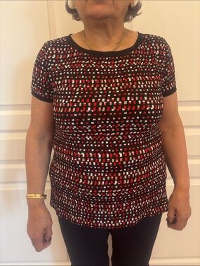 Anne Klein Black Short-Sleeve Button Front Top with Red and White Dot Pattern